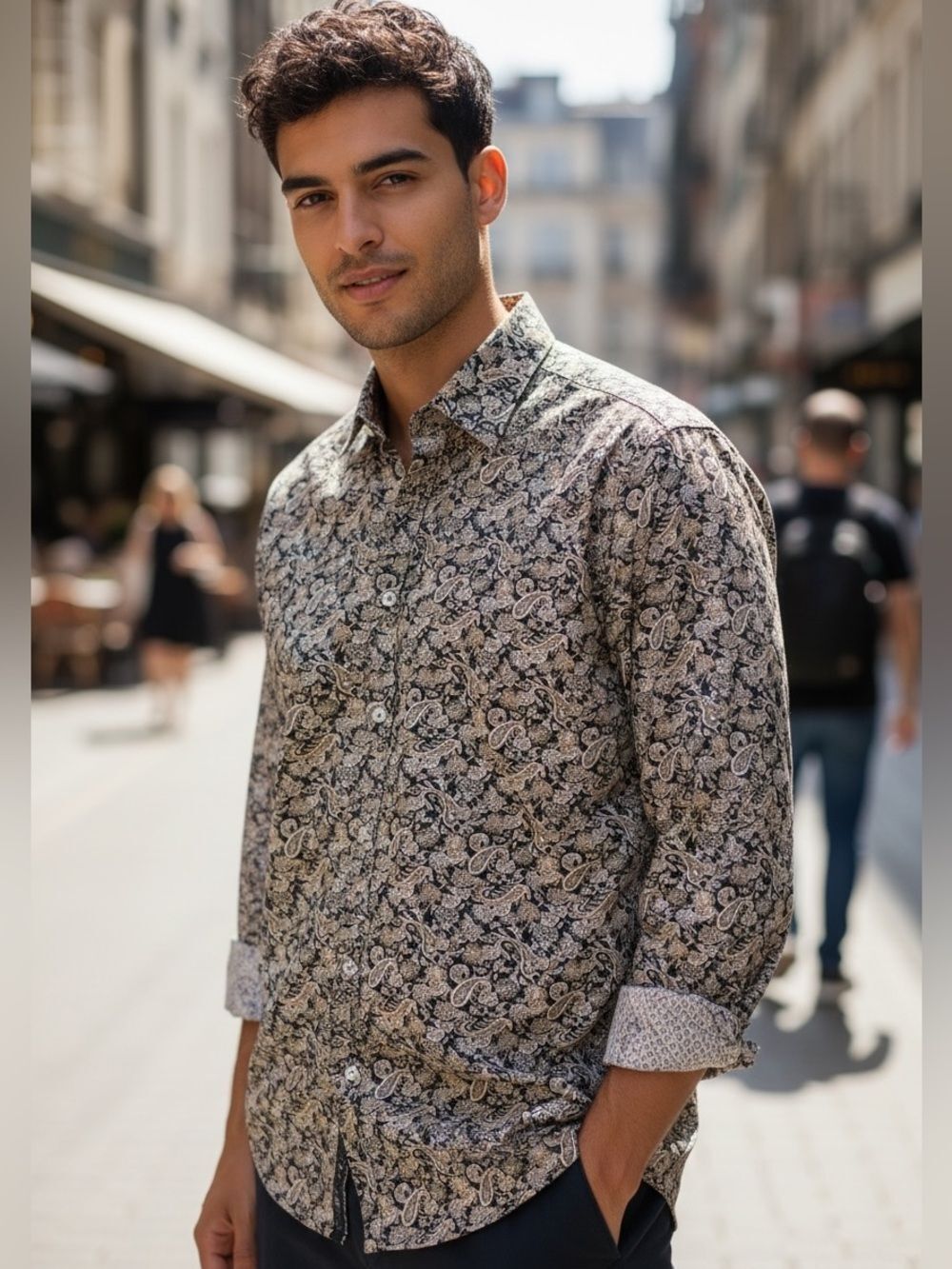 Bugatchi Beige and Black Paisley Shirt